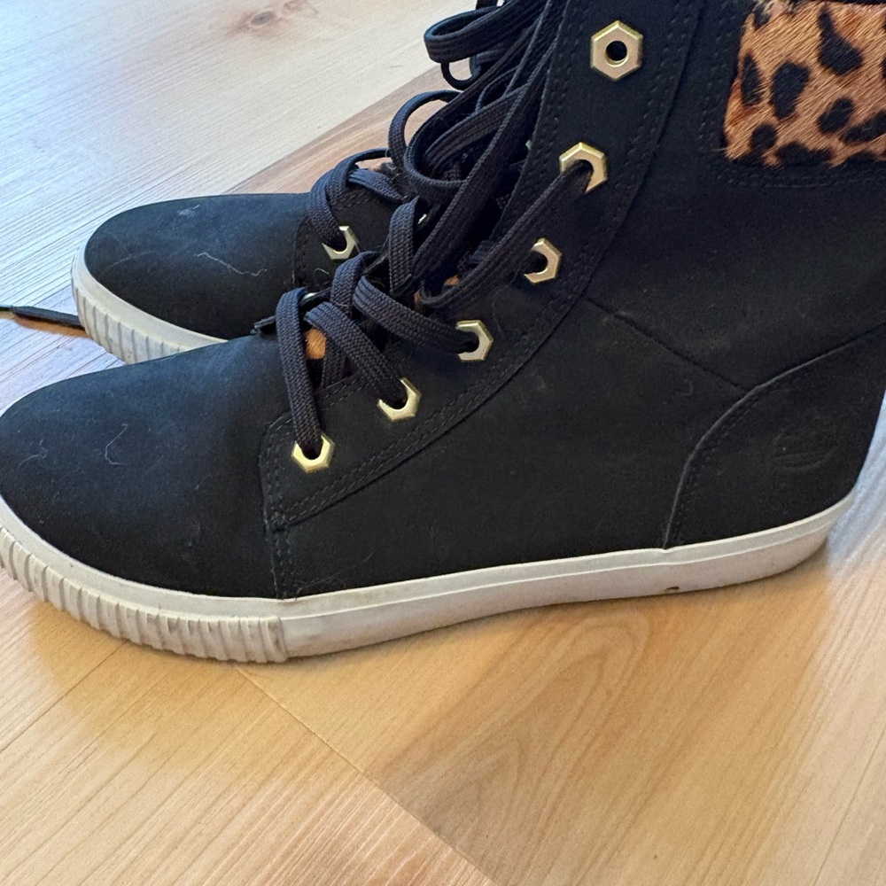 Timberland Black High-Top Wedge Sneakers with Leopard Accent